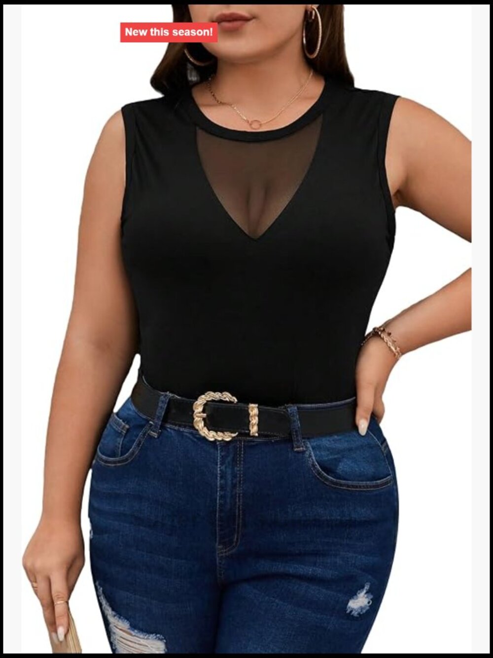 Plus Size Sleeveless Mesh Tank Top, Stretchy Going Out Club Top
